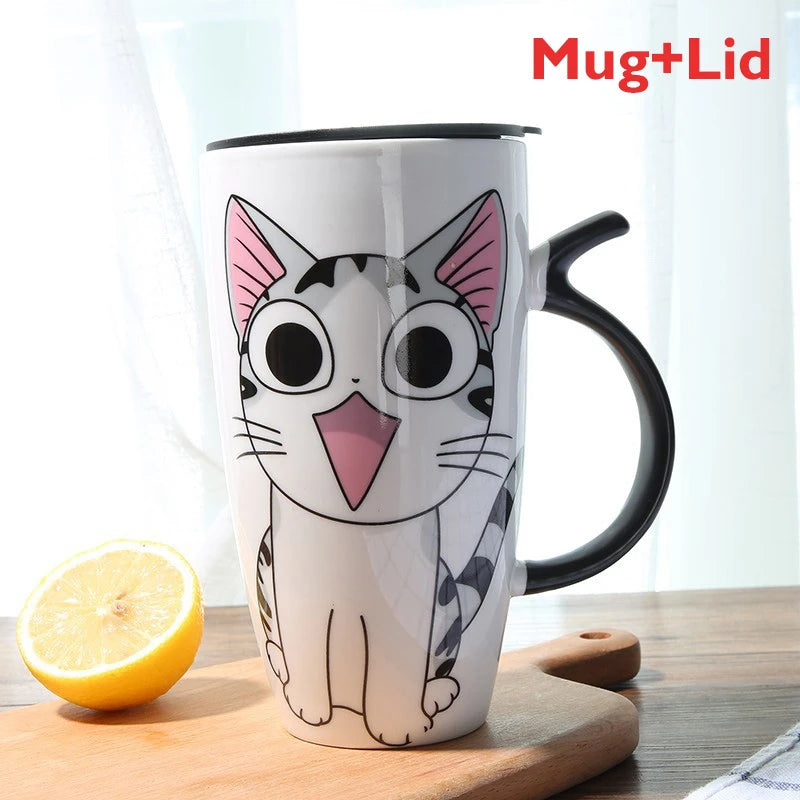 Cute Cat Ceramic Coffee Mug With Lid - 600ml