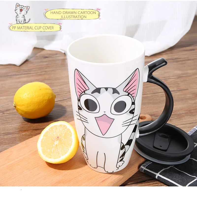 Cute Cat Ceramic Coffee Mug With Lid - 600ml