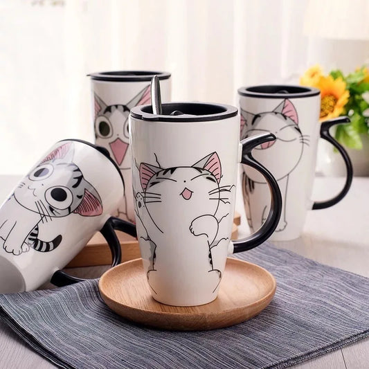 Cute Cat Ceramic Coffee Mug With Lid - 600ml