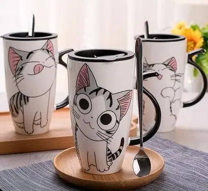Cute Cat Ceramic Coffee Mug With Lid - 600ml