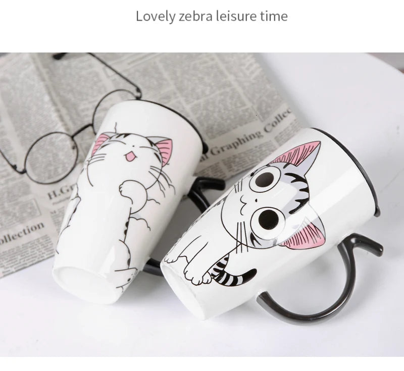 Cute Cat Ceramic Coffee Mug With Lid - 600ml