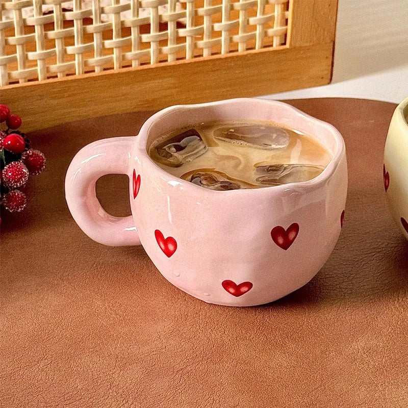Hand Painted Valentine Day Mug For Her With Red Hearts
