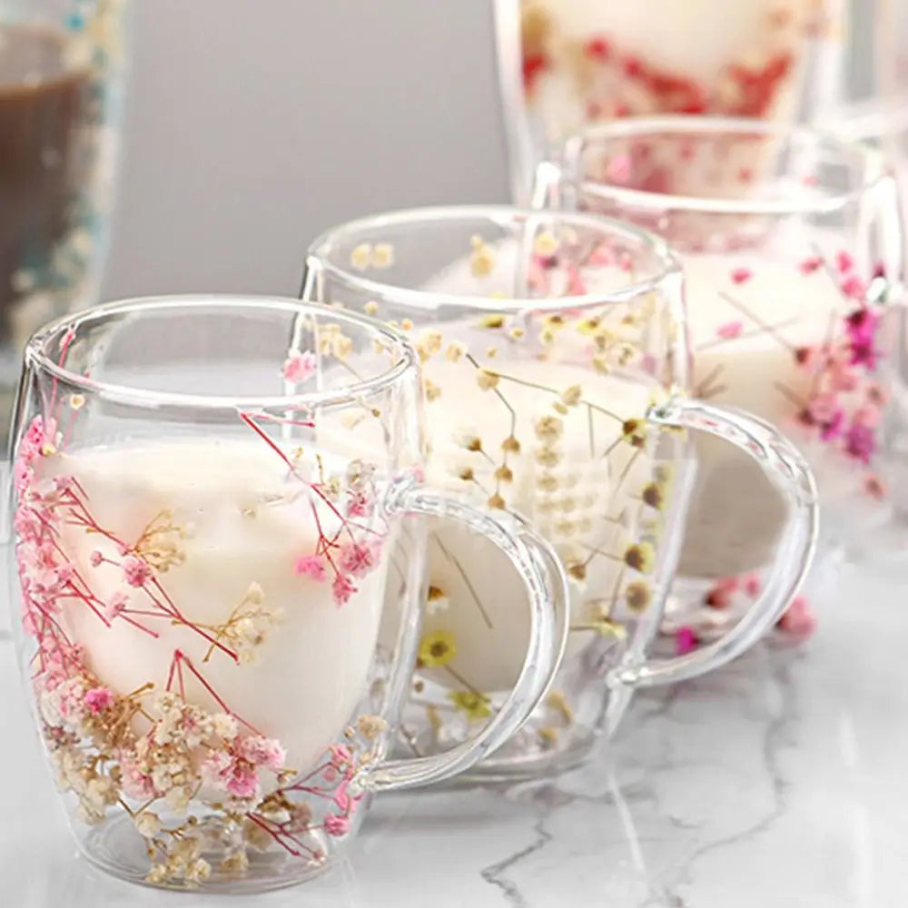 Dried Flower Double Walled Glass Coffee Mug- 350ml