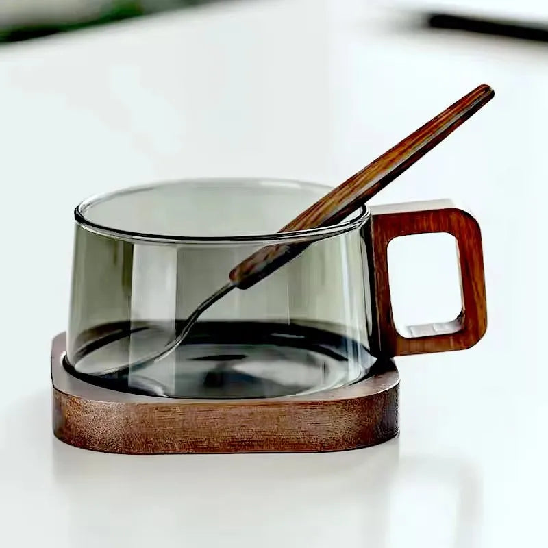 200ml Glass Wooden Tray Latte Coffee Mug