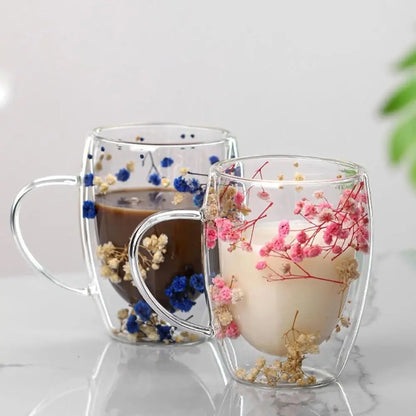 Dried Flower Double Walled Glass Coffee Mug- 350ml