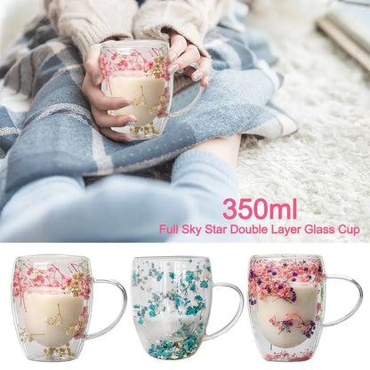 Dried Flower Double Walled Glass Coffee Mug- 350ml