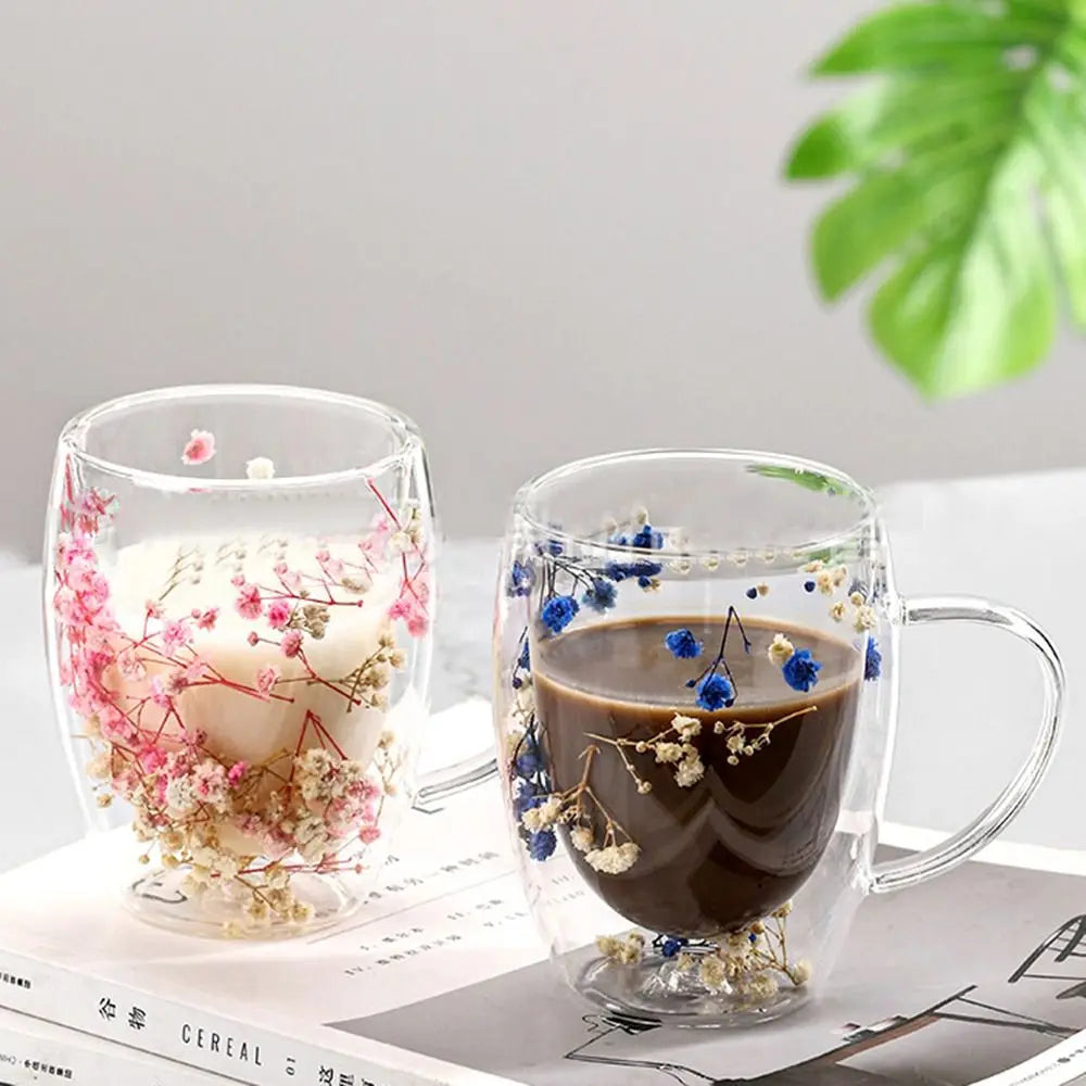 Dried Flower Double Walled Glass Coffee Mug- 350ml