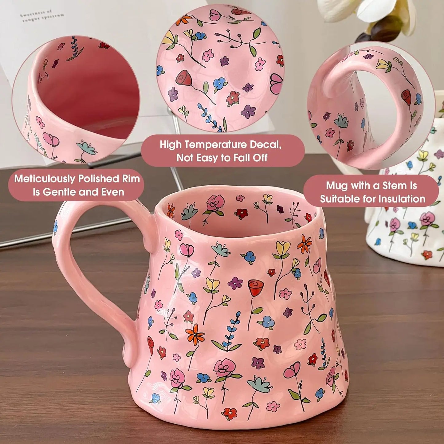 20 Oz Large Floral Pink/White Ceramic Coffee Mug