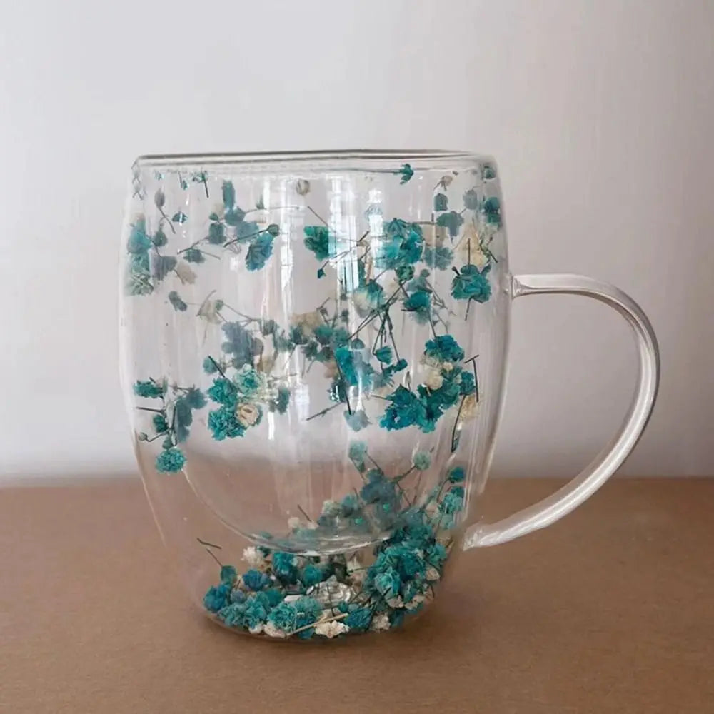 Dried Flower Double Walled Glass Coffee Mug- 350ml