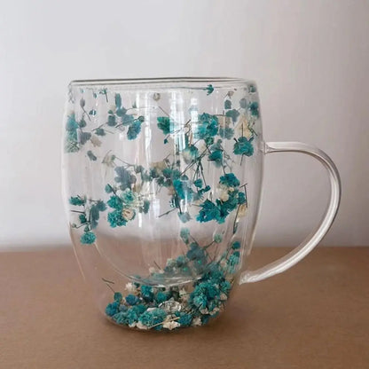 Dried Flower Double Walled Glass Coffee Mug- 350ml