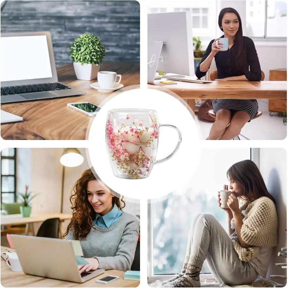 Dried Flower Double Walled Glass Coffee Mug- 350ml