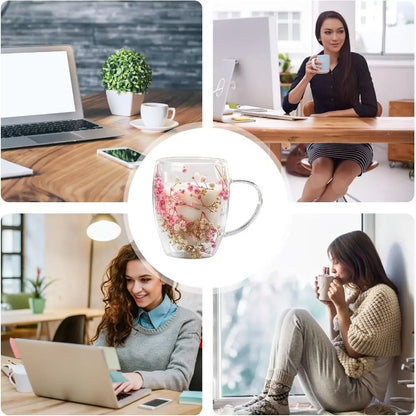 Dried Flower Double Walled Glass Coffee Mug- 350ml