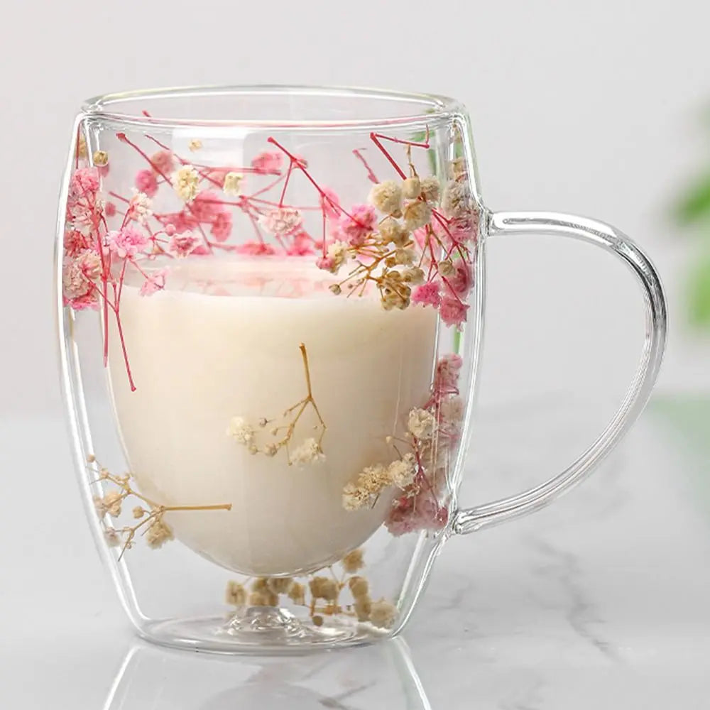 Dried Flower Double Walled Glass Coffee Mug- 350ml