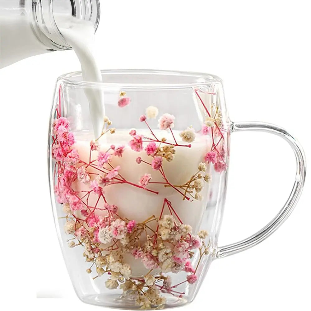 Dried Flower Double Walled Glass Coffee Mug- 350ml