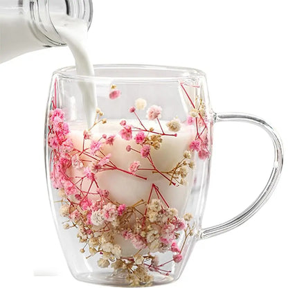 Dried Flower Double Walled Glass Coffee Mug- 350ml