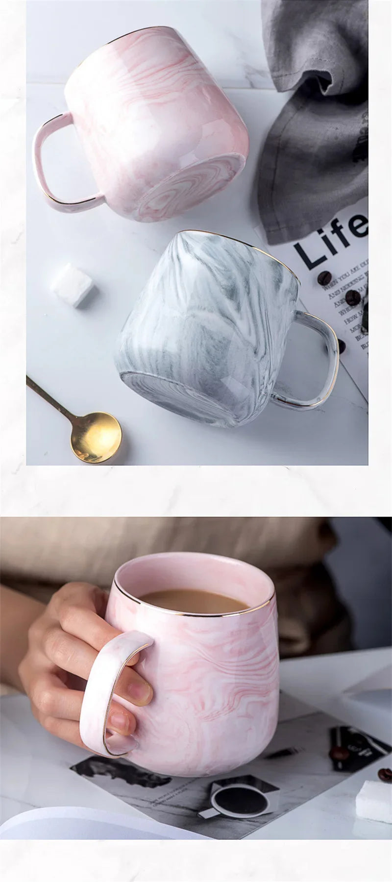 Pink/Grey Coffee Mug - Gold Trim Nordic Style