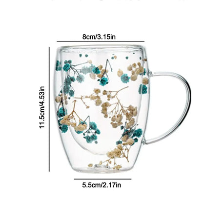 Dried Flower Double Walled Glass Coffee Mug- 350ml