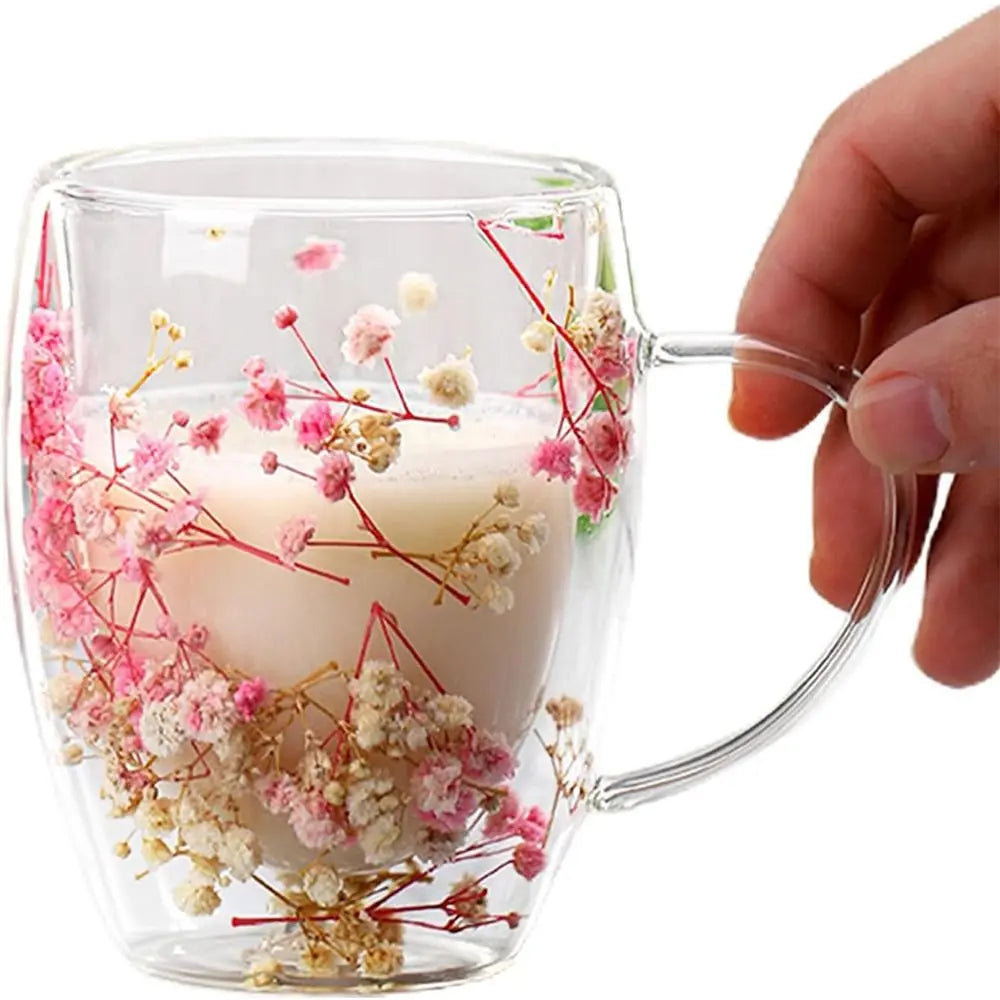 Dried Flower Double Walled Glass Coffee Mug- 350ml
