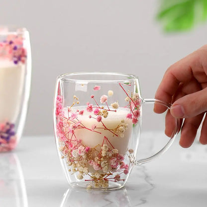 Dried Flower Double Walled Glass Coffee Mug- 350ml