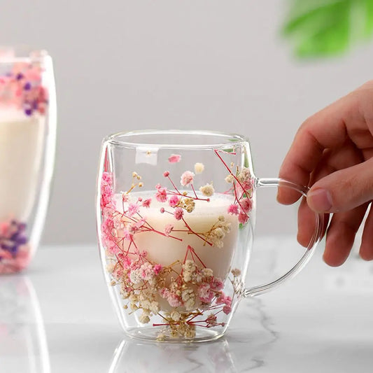 Dried Flower Double Walled Glass Coffee Mug- 350ml