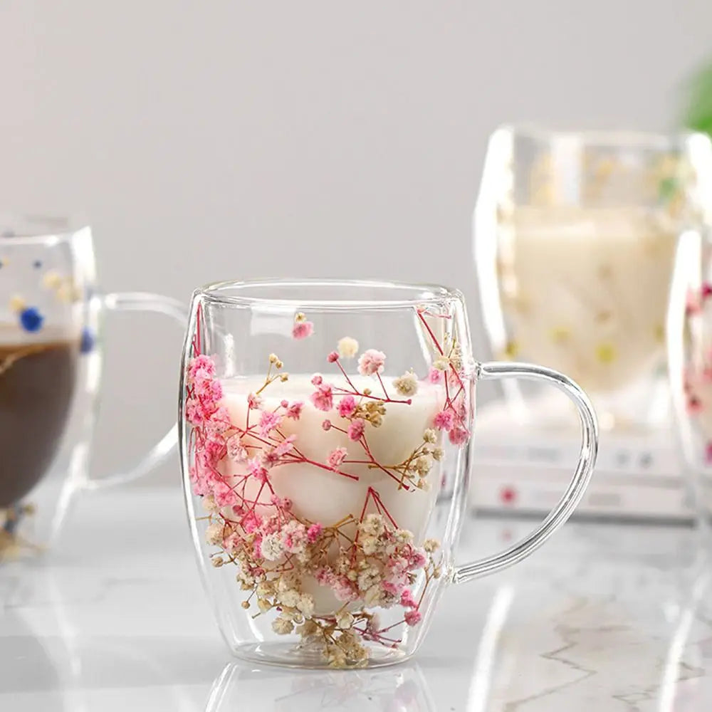 Dried Flower Double Walled Glass Coffee Mug- 350ml