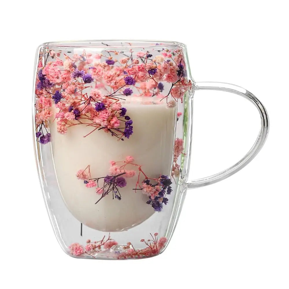 Dried Flower Double Walled Glass Coffee Mug- 350ml