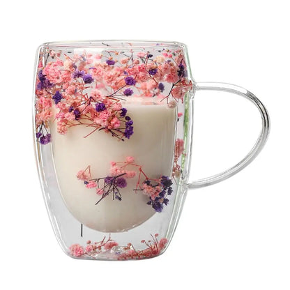 Dried Flower Double Walled Glass Coffee Mug- 350ml