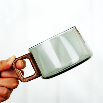 200ml Glass Wooden Tray Latte Coffee Mug