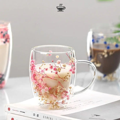 Dried Flower Double Walled Glass Coffee Mug- 350ml