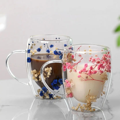 Dried Flower Double Walled Glass Coffee Mug- 350ml