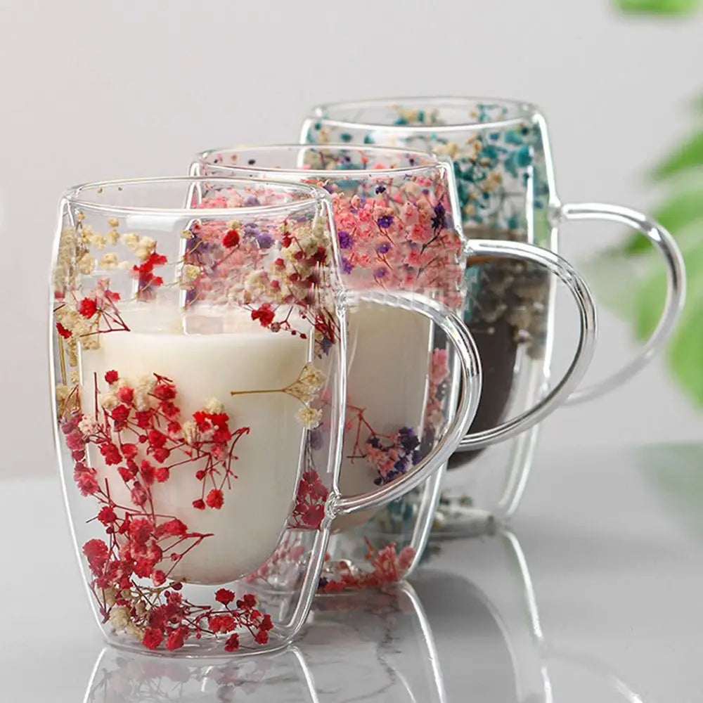 Dried Flower Double Walled Glass Coffee Mug- 350ml