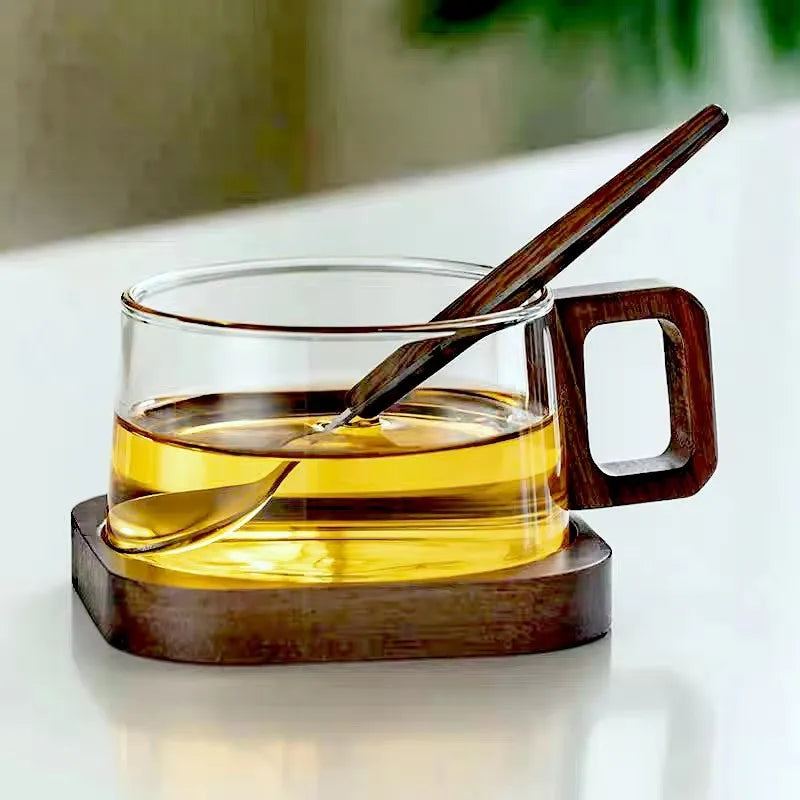 200ml Glass Wooden Tray Latte Coffee Mug