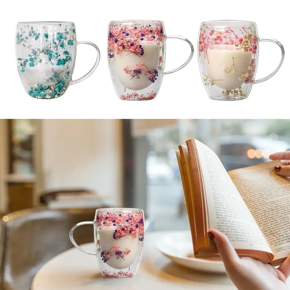 Dried Flower Double Walled Glass Coffee Mug- 350ml
