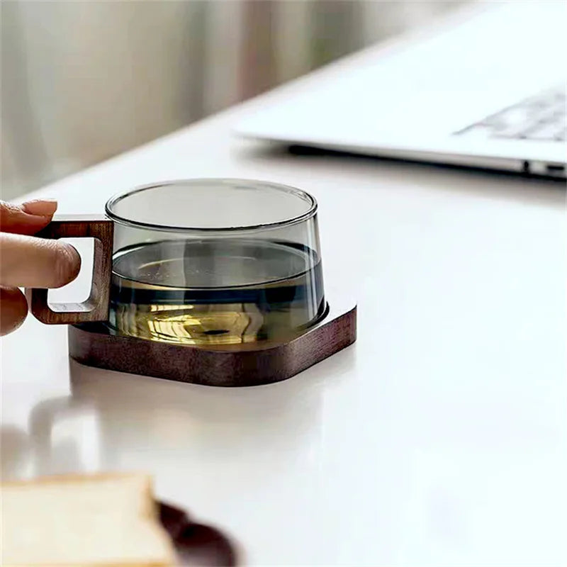 200ml Glass Wooden Tray Latte Coffee Mug