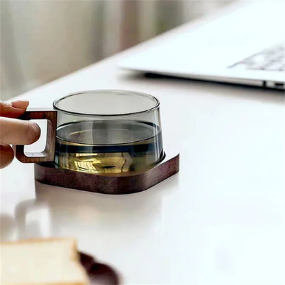 200ml Glass Wooden Tray Latte Coffee Mug
