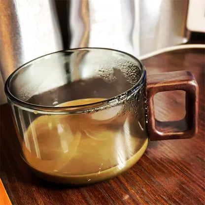 200ml Glass Wooden Tray Latte Coffee Mug