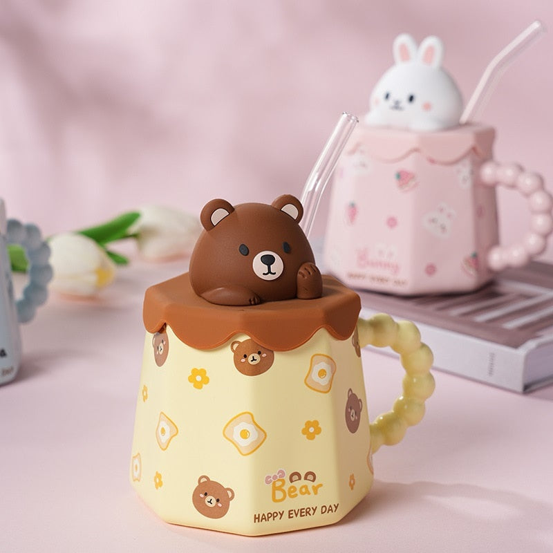 Cute Cartoon Ceramic Coffee Mug with Lid