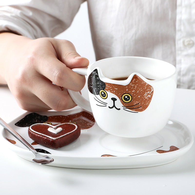 Cute Cat Ceramics Coffee Mug Set With Tray