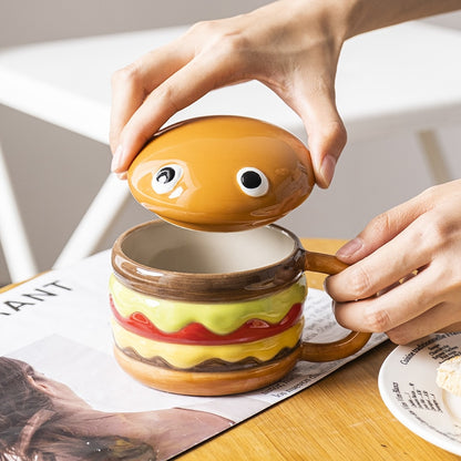 Cute Hamburger Funny Ceramic Coffee Mugs with Lid