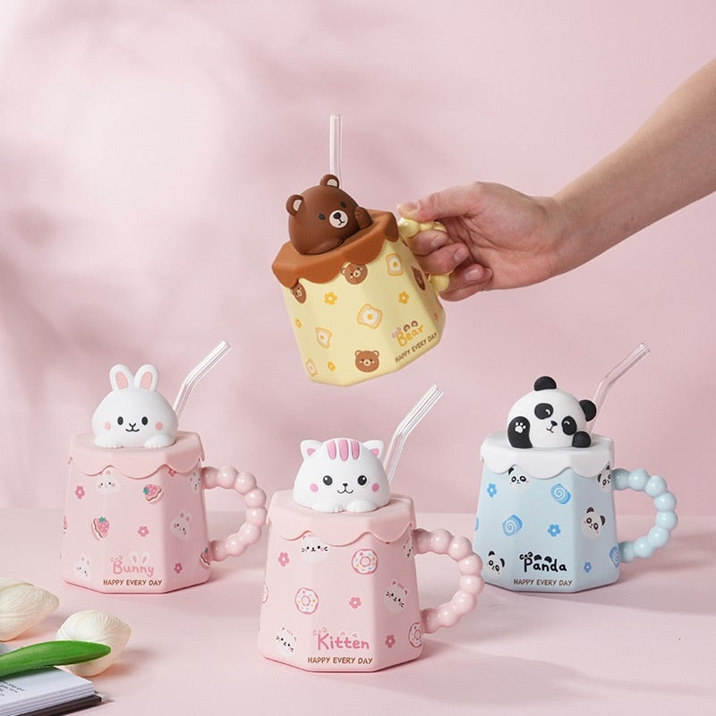 Cute Cartoon Ceramic Coffee Mug with Lid