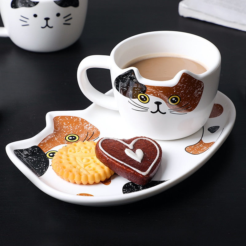 Cute Cat Ceramics Coffee Mug Set With Tray