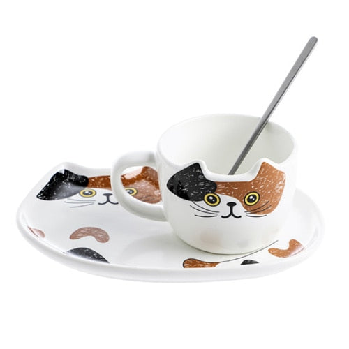 Cute Cat Ceramics Coffee Mug Set With Tray