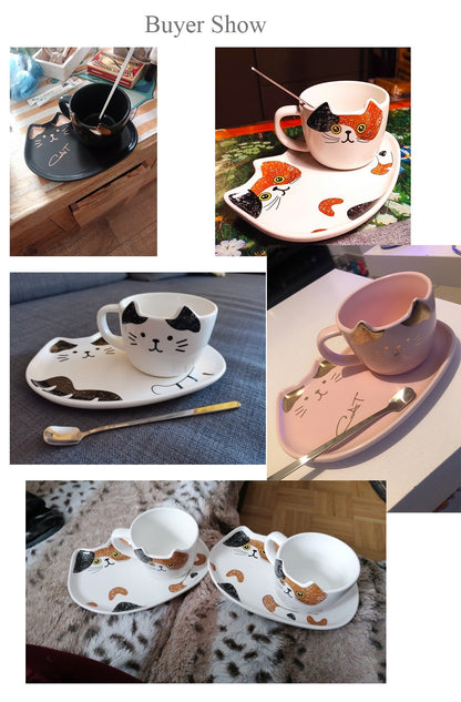 Cute Cat Ceramics Coffee Mug Set With Tray