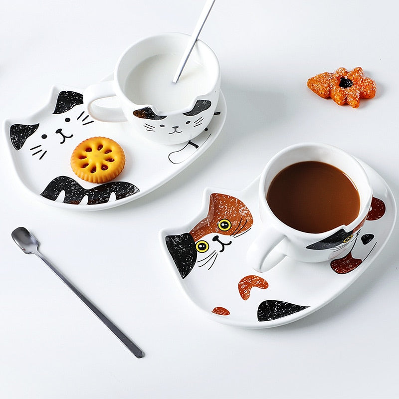Cute Cat Ceramics Coffee Mug Set With Tray